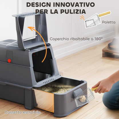 Lettiera per Gatti Chiusa da 80L con Vassoio Estraibile, in ABS e Acciaio Inox, 63x43x43 cm, Grigio Scuro
