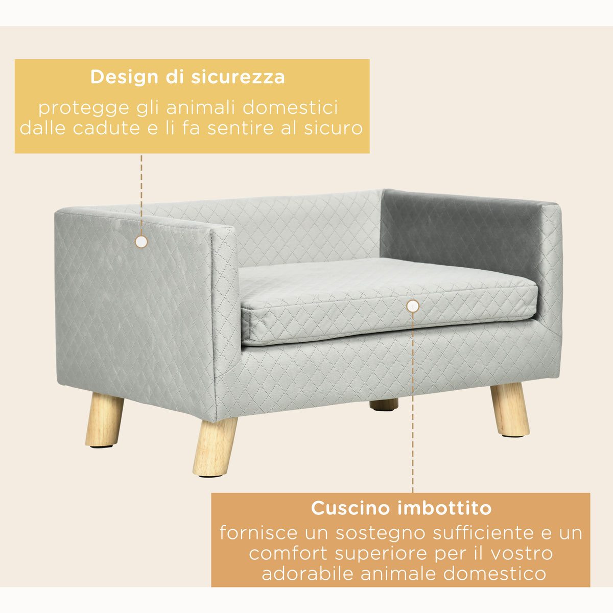 Divanetto per Cani e Gatti Stile Scandinavo con Cuscino Imbottito in Velluto e Legno, 64x45x36cm, Grigio