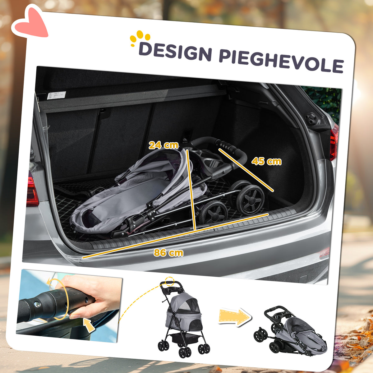 Passeggino per Cani Pieghevole con Guinzaglio di Sicurezza e Cestino Portaoggetti, Grigio