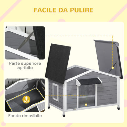 Casetta per Cani in Legno con Design Rialzato, Tenda Protettiva e 2 Finestre, 109x79x72 cm