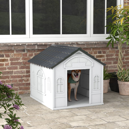 Casetta per Cani in PP Impermeabile con Tetto Inclinato e Porta di Ingresso, 84.2x98.2x82 cm, Grigio