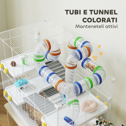 Gabbia per Criceti a 4 Livelli con Tubi, Ruota, 3 Porte e Vassoio, in Metallo, PP e PS, 78x45x73 cm, Bianco