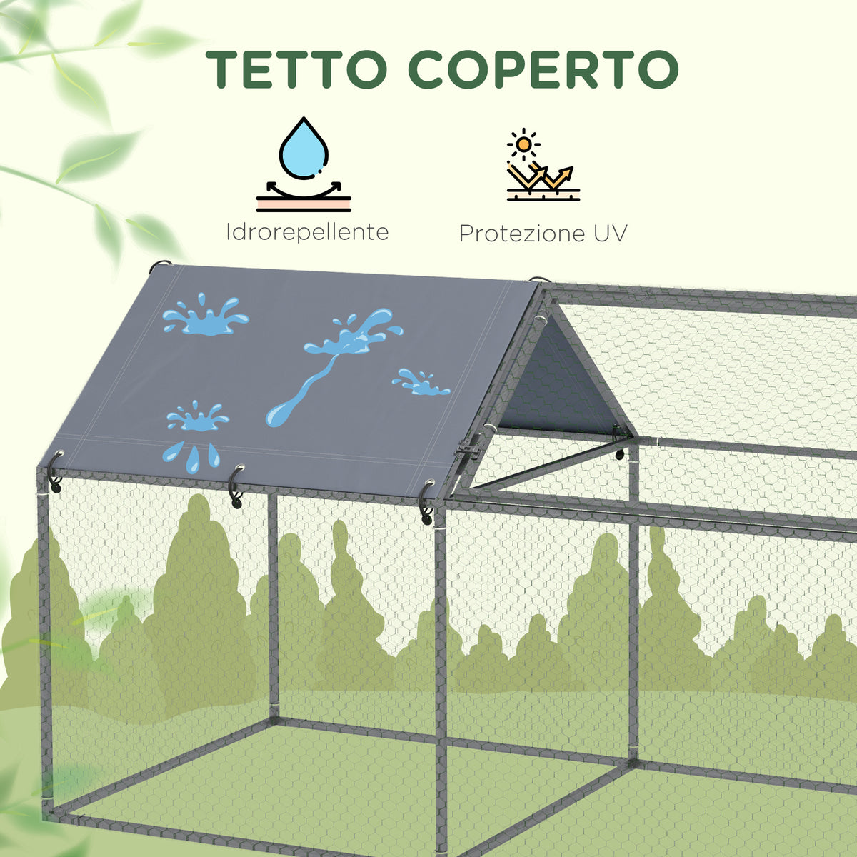 Gabbia per Animali in Acciaio con Tetto in Tessuto Oxford e Picchetti, 198x100x120 cm, Verde e Argento