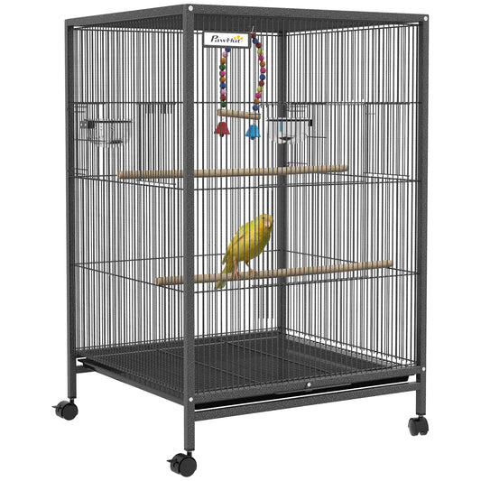 Gabbia per Uccelli in Acciaio e PP con 5 Porte, 2 Posatoi e Vassoio Estraibile, 48x46x78 cm, Grigio