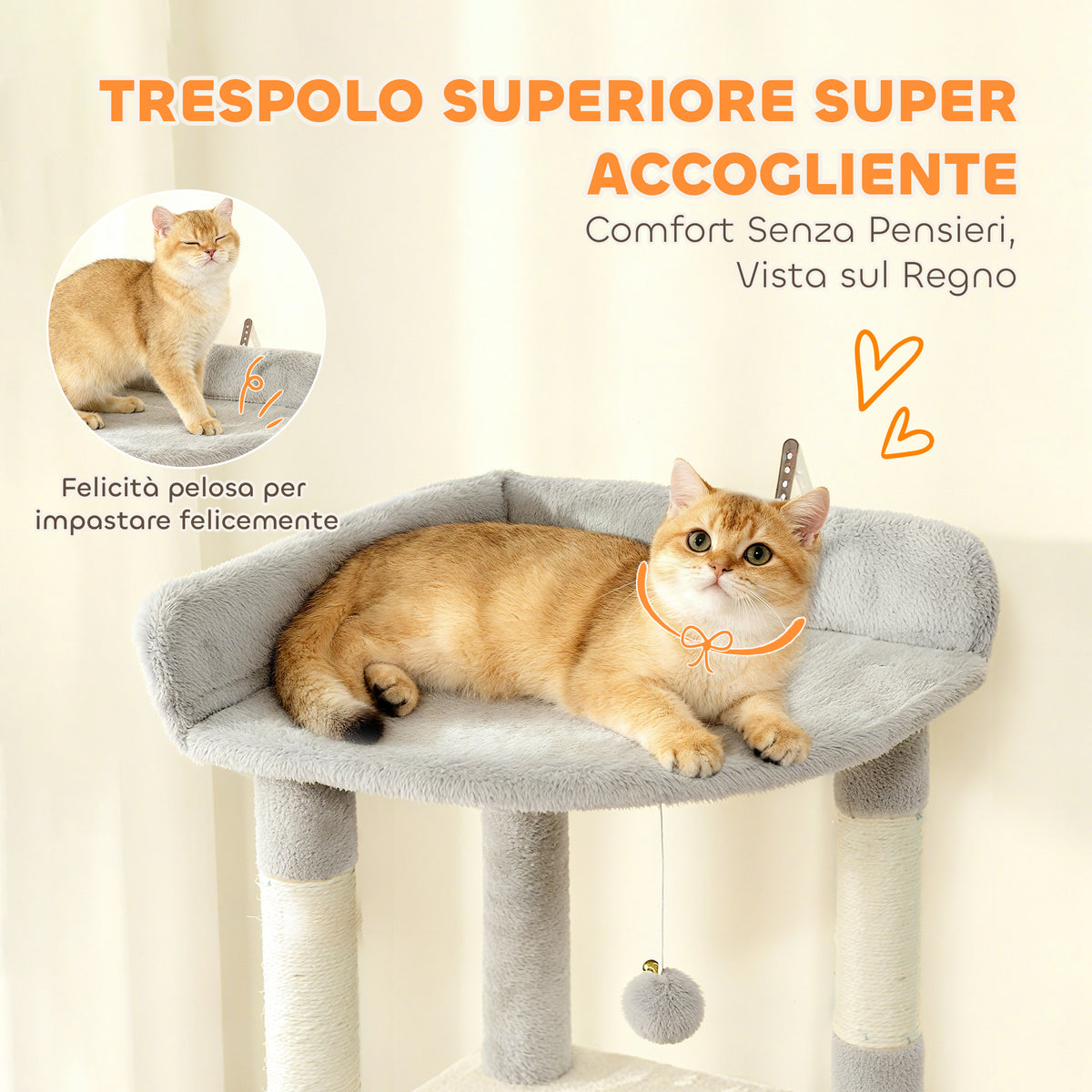 Albero Tiragraffi per Gatti con 2 Casette, Amaca, Tunnel, e Lettino, Pali in Sisal, 60x40x170 cm, Grigio