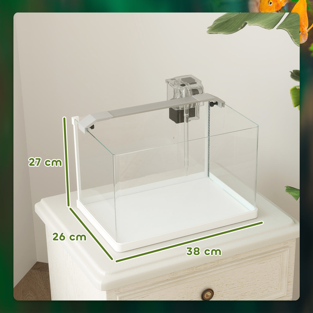 Acquario in Vetro con Luci LED da 20L, Filtro e Pompa d'Acqua, 38x26x27 cm, Bianco