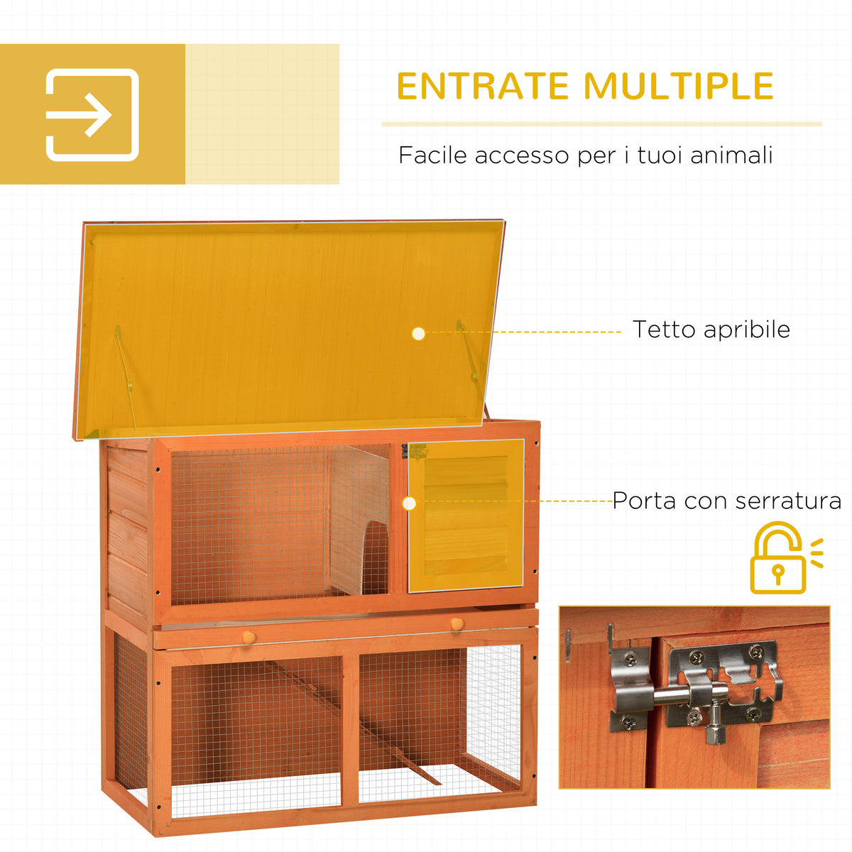 Gabbia per Conigli a Due Piani, Conigliera da Esterno con Casetta per Conigli in Legno di Abete, 90x45x80 cm