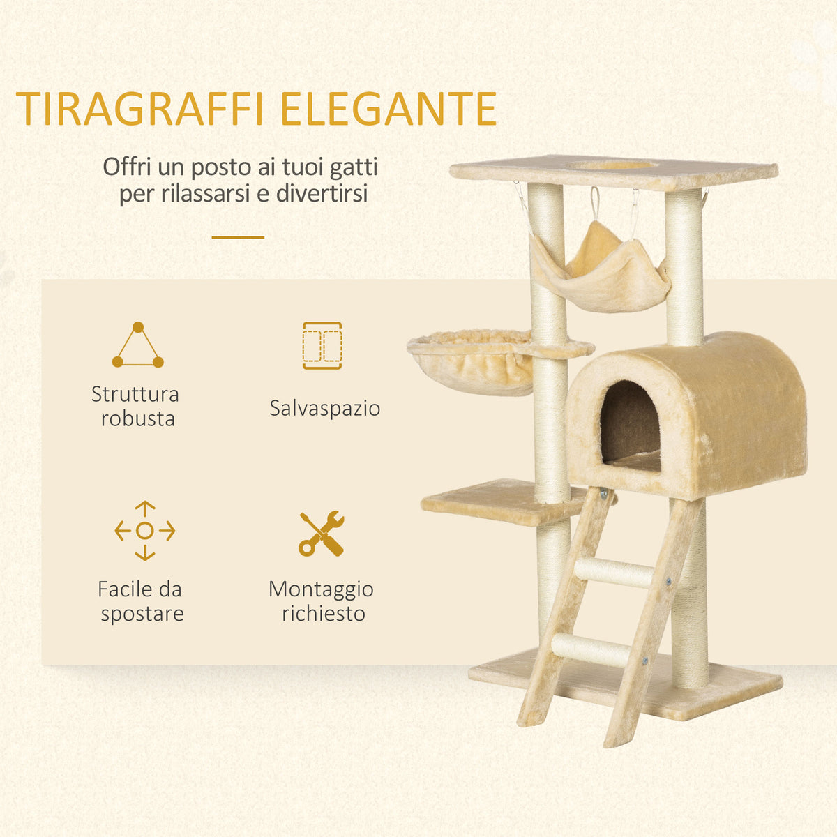 Tiragraffi per Gatti Multilivello con Amaca e Casetta, Corde in Sisal Naturale, 5530100cm