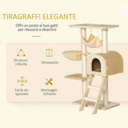 Tiragraffi per Gatti Multilivello con Amaca e Casetta, Corde in Sisal Naturale, 5530100cm