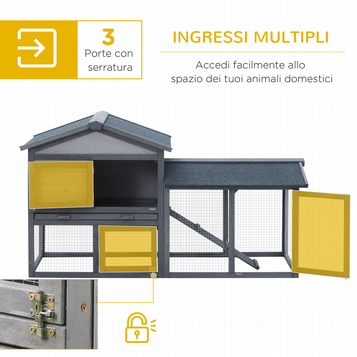 Conigliera Gabbia per Conigli in Legno da Esterno con Casetta, Spazio Aperto Recintato e Tetto 147x54x84cm