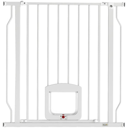 Cancello per Cani e Gatti Estensibile con Gattaiola Integrata, in Acciaio e ABS, 75-85x2x76 cm, Bianco