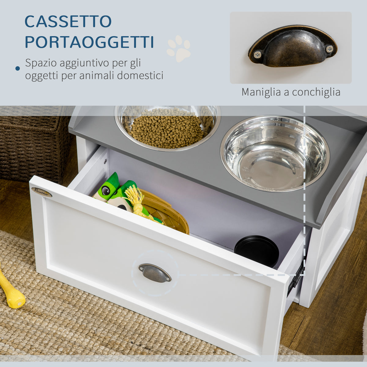 Ciotole per Cani Rialzate in Acciaio Inox e Legno con Cassetto, 60x30x36cm, Bianco e Grigio