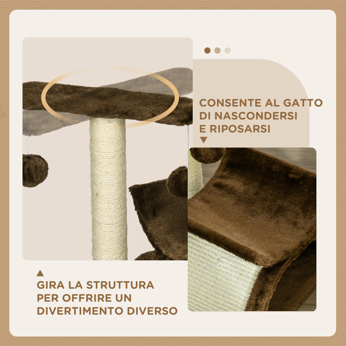 Tiragraffi Gatto Albero Tira Graffi Gioco Giocattolo per Gatti con Cuccia 2 Palline Appese in Sisal Naturale Altezza 43cm