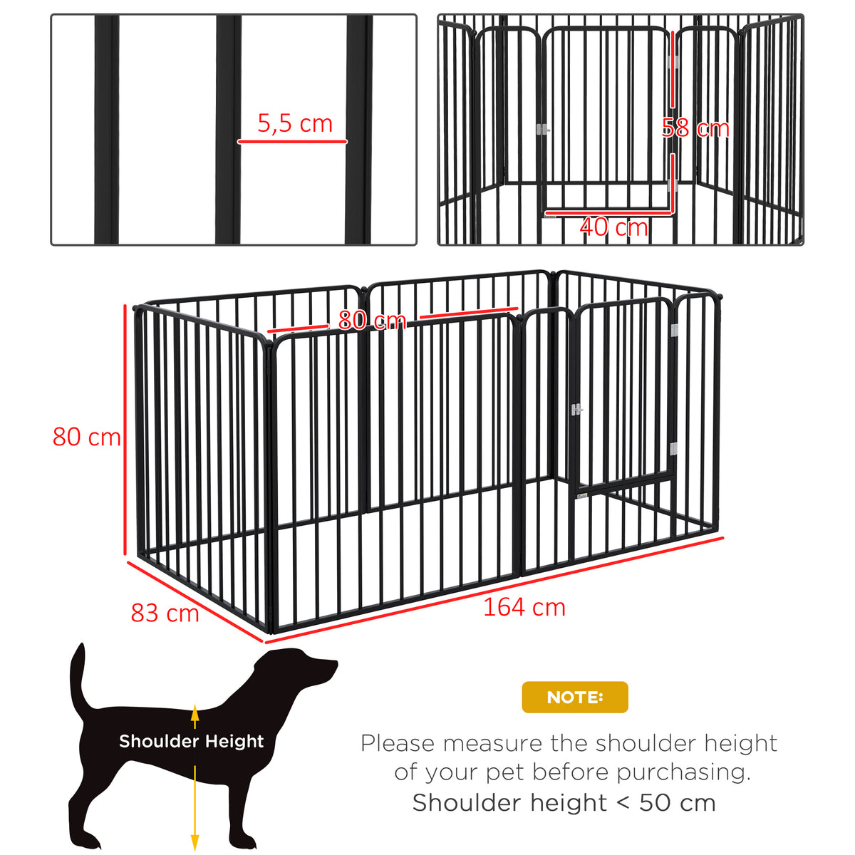 Recinto per Cani a 6 Pannelli Modulabili da Interno ed Esterno, in Acciaio, 164x83x80 cm, Nero