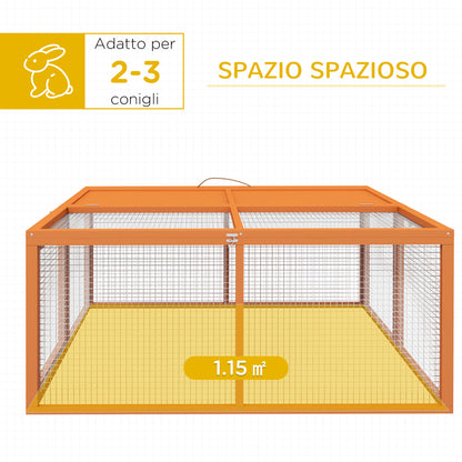 Conigliera da Esterno Pieghevole per 2-3 Roditori con Ingressi Multipli, in Legno e Acciaio, 110x105x50 cm, Arancione