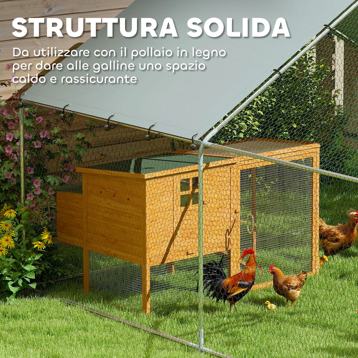 Recinto per Galline da 10.2m per 10-15 Galline con Tetto Impermeabile, in Acciaio e Tessuto, 3x3.4x1.9 m, Argento