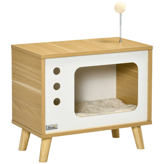 Casetta per Gatti in Truciolato a forma di Televisore con Cuscino e Pallina Giocattolo, 50x28x43 cm