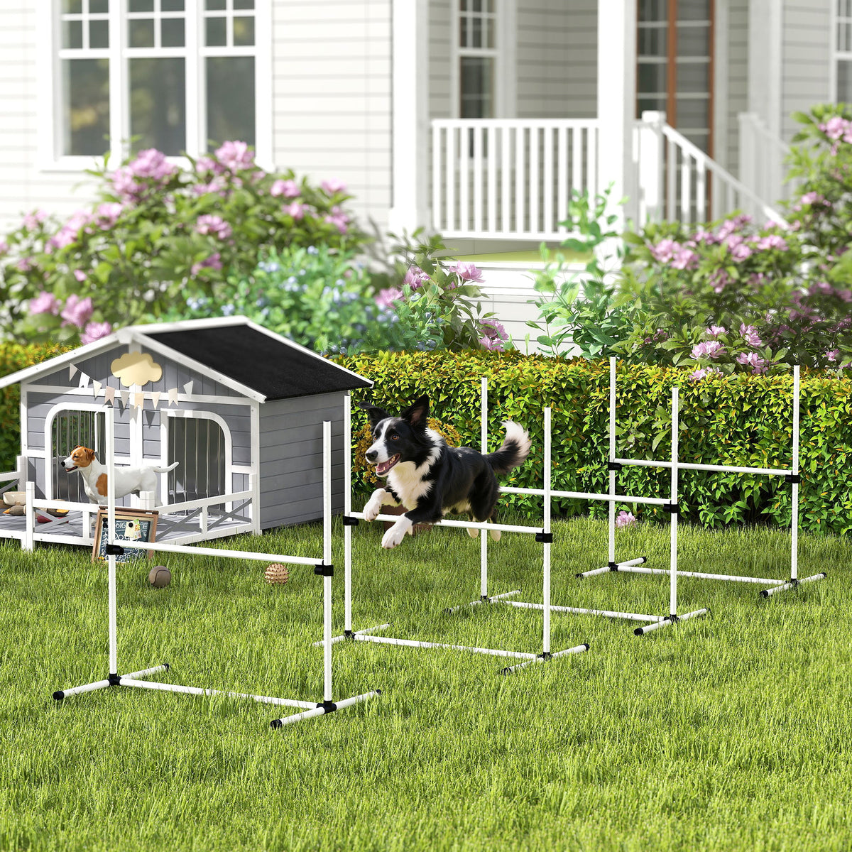 Set di 4 Ostacoli Agility Dog per Addestramento Cani ad Altezza Regolabile con Borsa da Trasporto Inclusa, 99x65x94cm, Bianco