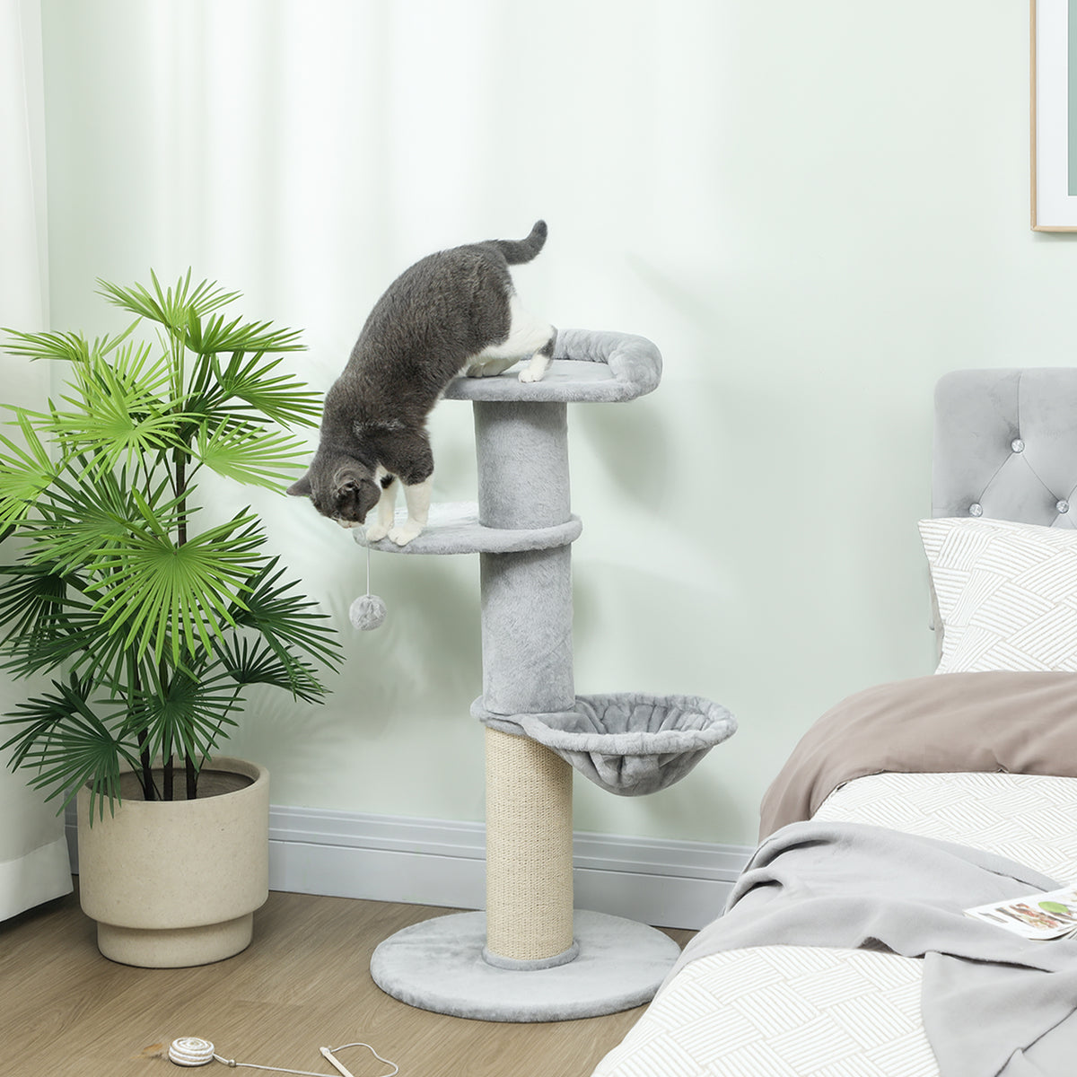 Albero Tiragraffi per Gatti Alto 103.5 cm con Lettino e Amaca, Rivestimento in Peluche, Grigio Chiaro