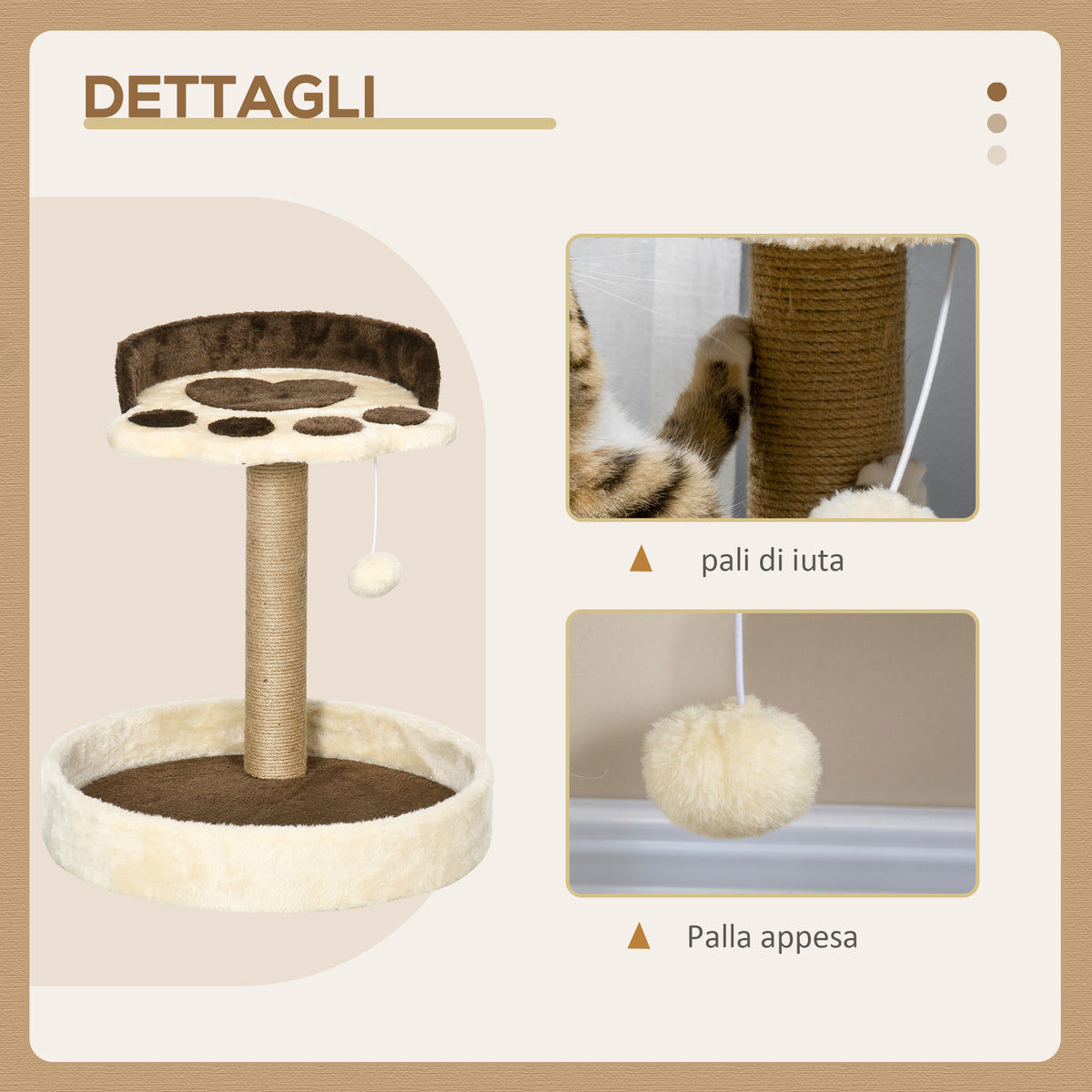 Tiragraffi per Gatti da 5kg max con Lettino e Pallina da Gioco, in Truciolato, Peluche e Corda di Juta, 41x41x44 cm