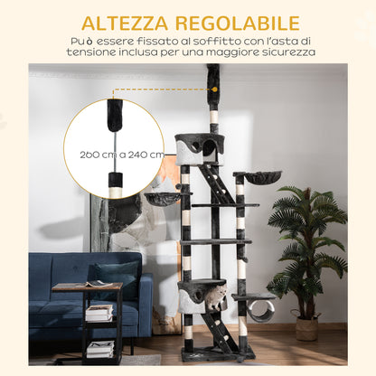 Tiragraffi per Gatti a Soffitto con Altezza Regolabile 240-260 cm, Albero Tiragraffi per Gatti Multilivello con Cucce, Amache e Scale, Corde in Sisal, Grigio Scuro e Bianco