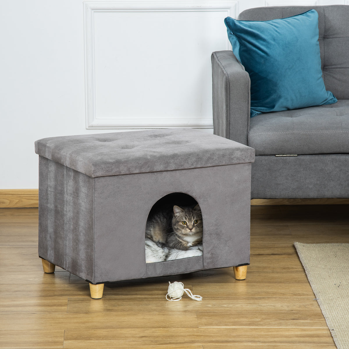 Casetta per Gatti Pouf Poggiapiedi Imbottito con Cuscino Rimovibile e Lavabile, Grigio