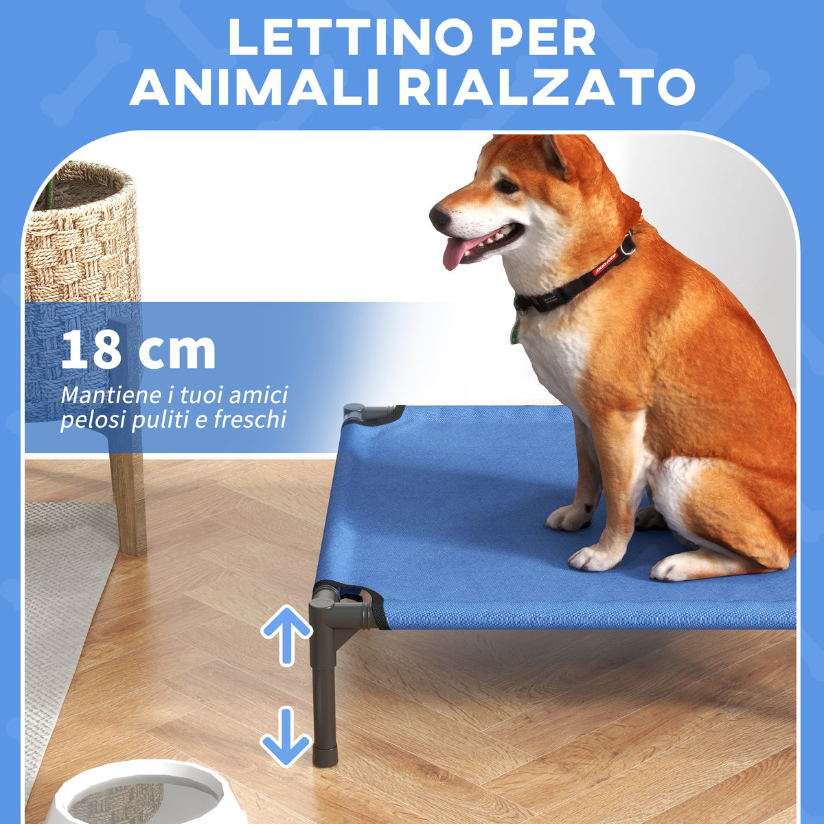 Cuccia Lettino per Cani Rialzato Pieghevole per Interno ed Esterno in Metallo e Tessuto Oxford, 76x61x18 cm, Blu