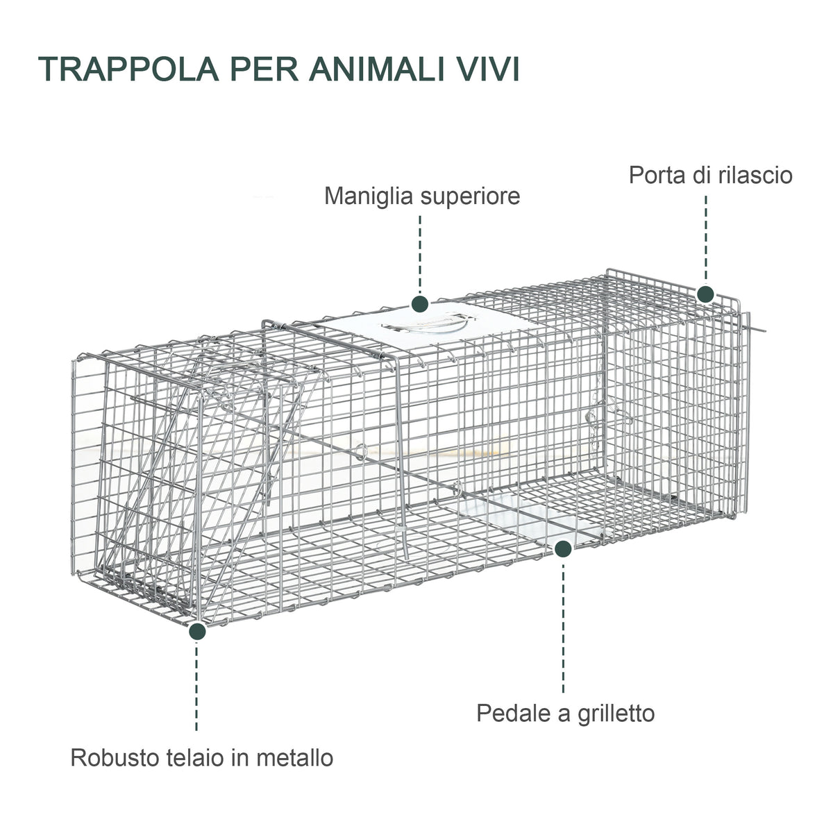 Gabbia Trappola per Ratti, Topi e Nutrie Pieghevole in Acciaio, 93x31x34.5cm, Argento