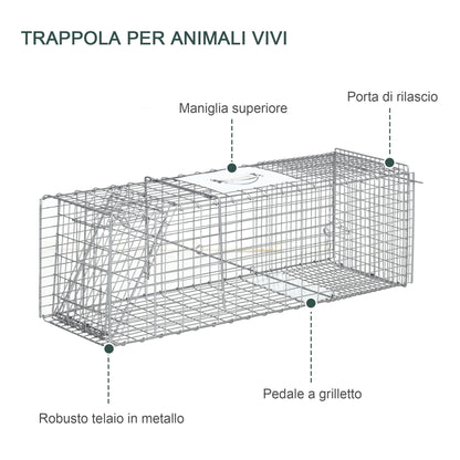 Gabbia Trappola per Ratti, Topi e Nutrie Pieghevole in Acciaio, 93x31x34.5cm, Argento