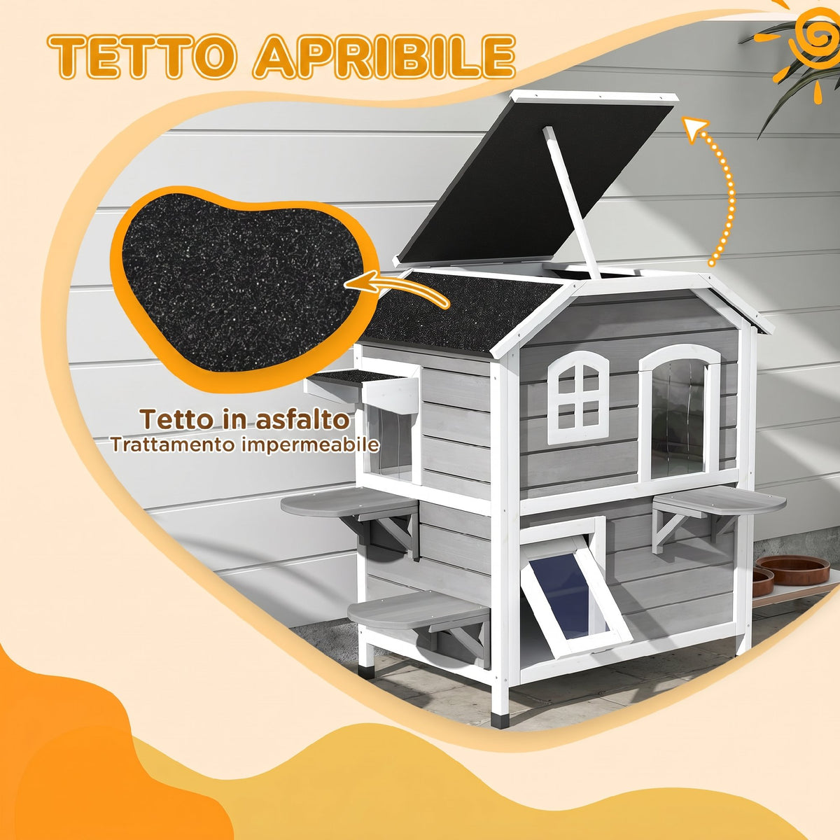 Casetta per Gatti da Esterno con Tetto Apribile, 2 Piani, 4 Ingressi, Base rialzata, in Legno di Abete, Grigio
