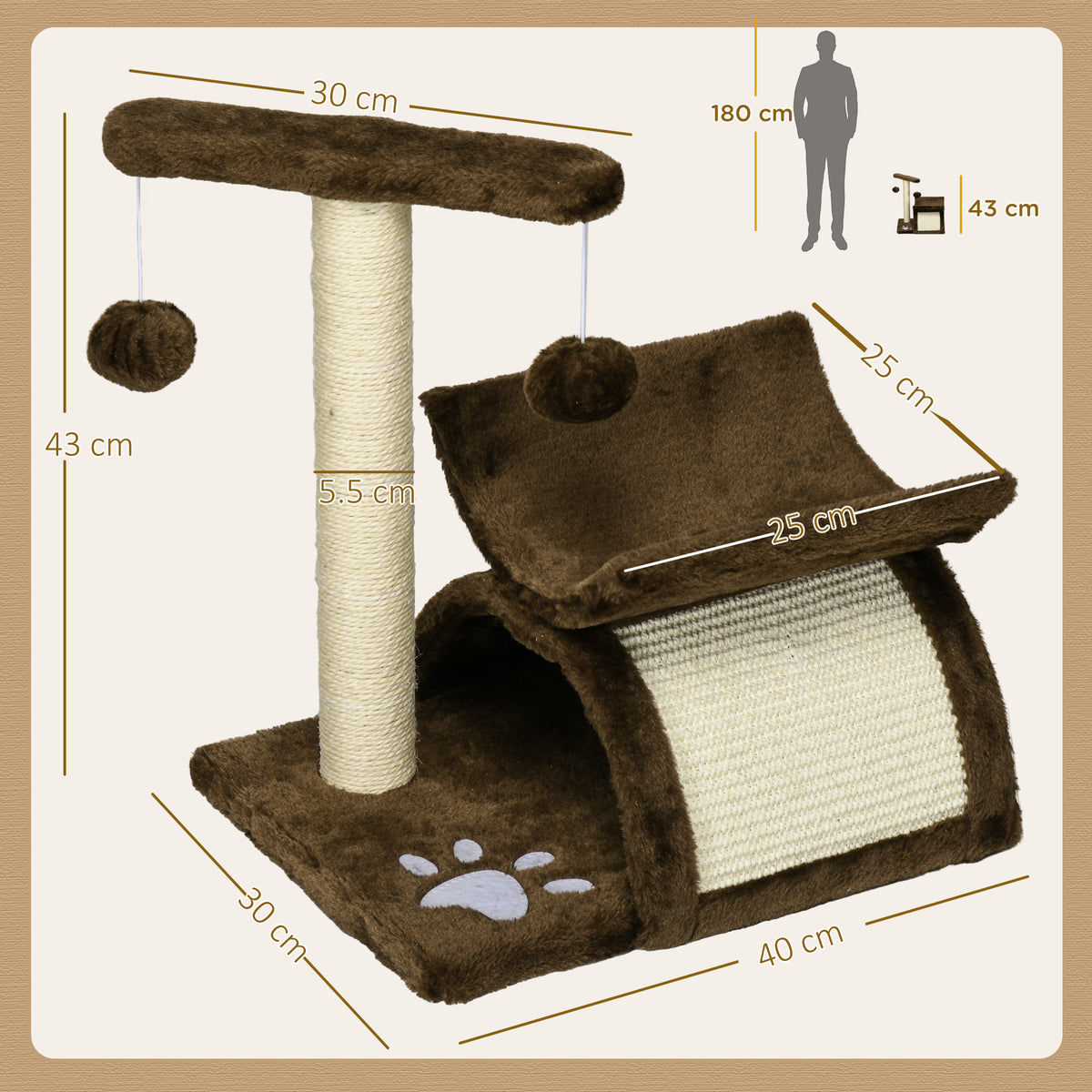 Tiragraffi Gatto Albero Tira Graffi Gioco Giocattolo per Gatti con Cuccia 2 Palline Appese in Sisal Naturale Altezza 43cm