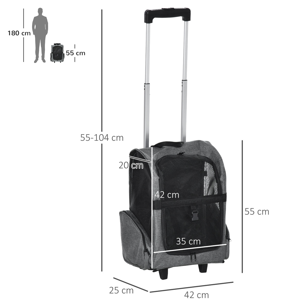 Trasportino Zaino 2 in 1 per Cani e Gatti con Tasche Laterali, Maniglia Telescopica e Ruote, 42x25x55cm, Grigio