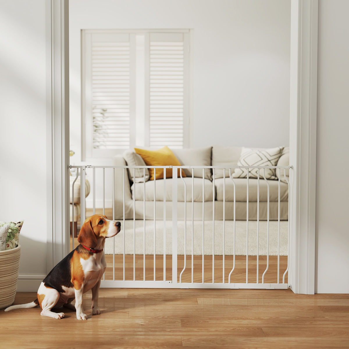 Cancelletto di Sicurezza per Cani in Acciaio e ABS, Estensibile 75-145cm per Scale e Porte, Bianco