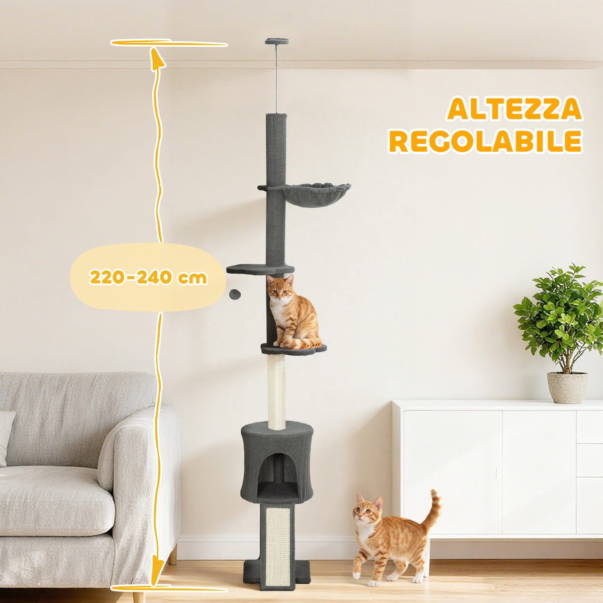 Albero per Gatti a Soffitto Alto 220-240 cm con Amaca, Casetta, Piattaforme a Fiore e Pali in Sisal, Grigio