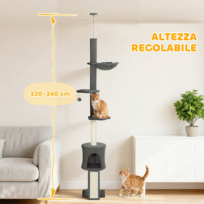 Albero per Gatti a Soffitto Alto 220-240 cm con Amaca, Casetta, Piattaforme a Fiore e Pali in Sisal, Grigio