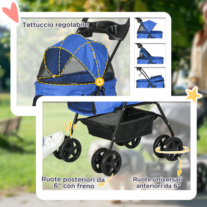 Passeggino per Cani Pieghevole con Guinzaglio di Sicurezza e Cestino Portaoggetti, Blu