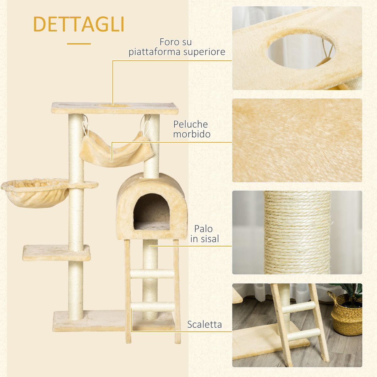 Tiragraffi per Gatti Multilivello con Amaca e Casetta, Corde in Sisal Naturale, 5530100cm
