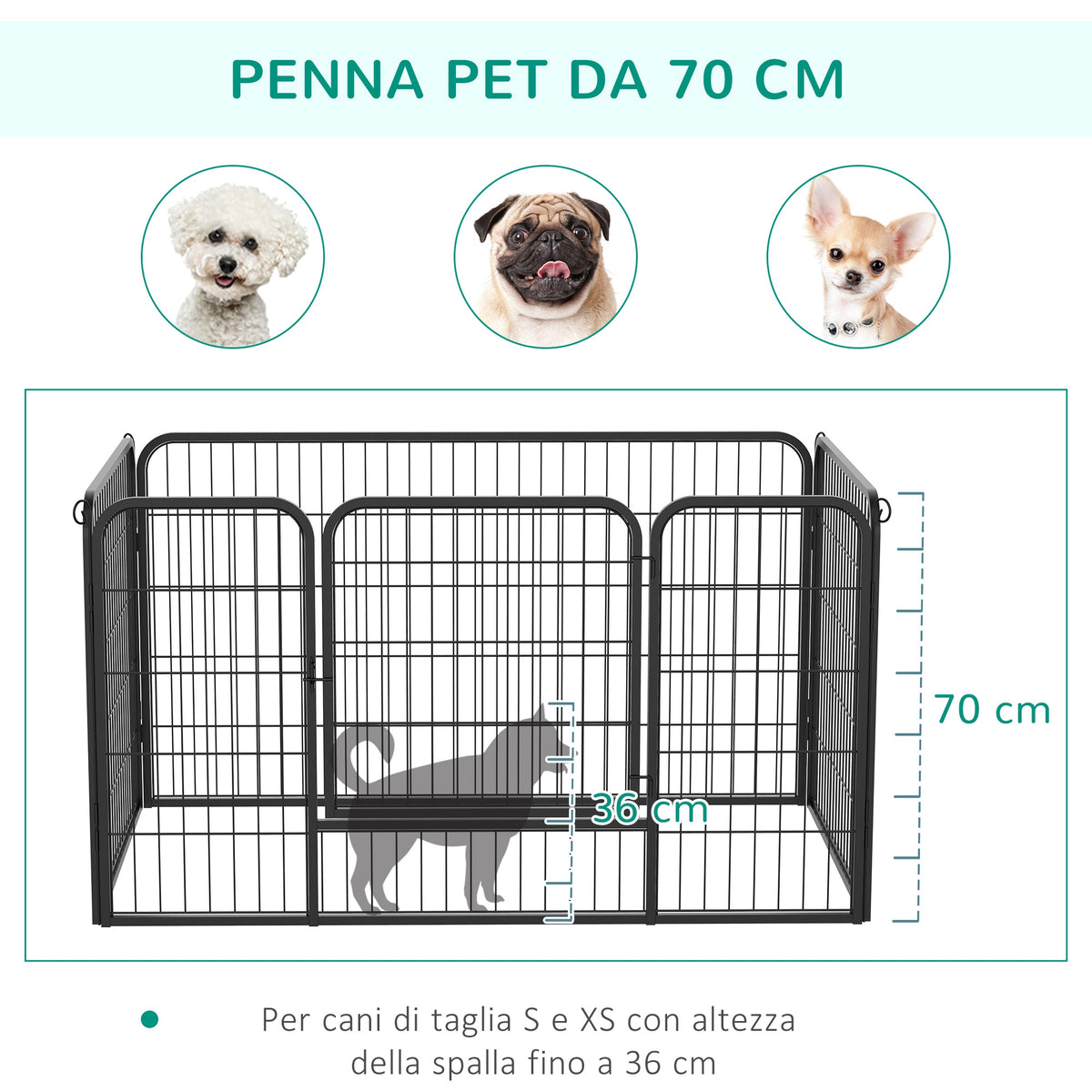 Recinto per Cani di Piccoli Taglia da Interno ed Esterno, Recinzione per Animali Domestici con Rete 6 pz in Acciaio e Metallo, 125x80x70 cm, Nero