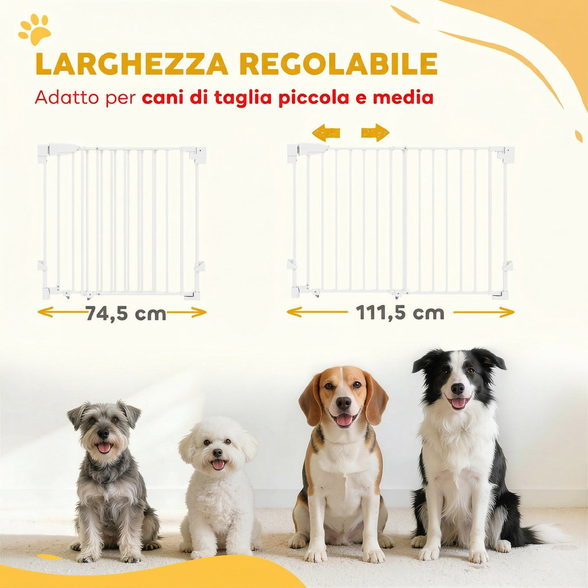 Cancelletto di Sicurezza per Cani, 74.5-111.5x74.5 cm, Scale, Chiusura Automatica, Apertura con Una Mano, Bianco