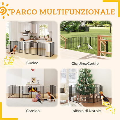 Box per Cani a 8 Pannelli Modulabili da Interno ed Esterno con 9 Picchetti, in Acciaio, 164x164x80 cm, Nero