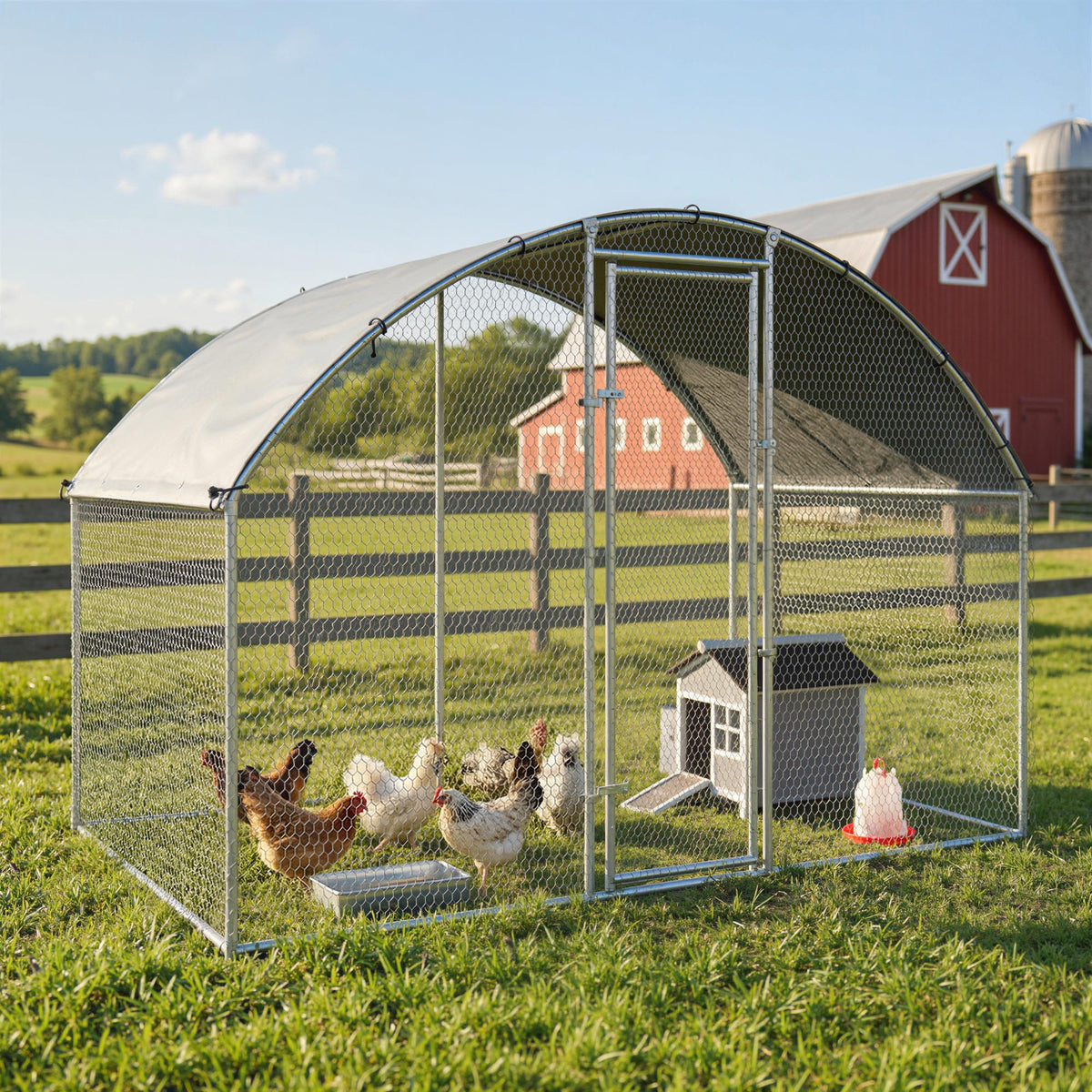 Pollaio per Galline da Esterno con Tetto Impermeabile e Serratura, in Acciaio Zincato, 2.8x1.7x1.9 m, Argento