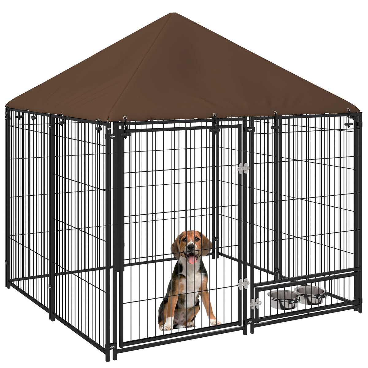 Recinto per Cani in Metallo e Tessuto Oxford con Porticina per Ciotole, 141x141x151 cm, Nero e Marrone