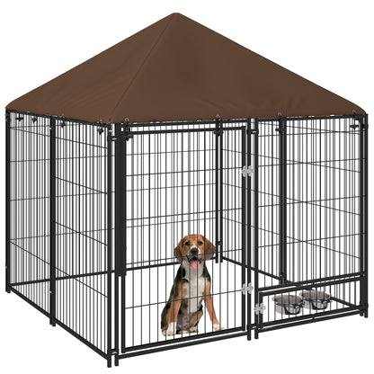Recinto per Cani in Metallo e Tessuto Oxford con Porticina per Ciotole, 141x141x151 cm, Nero e Marrone