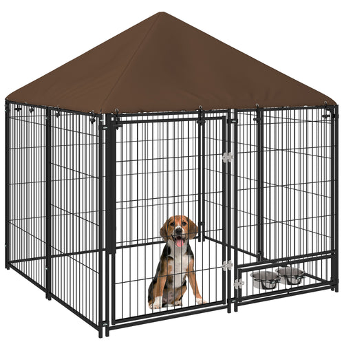 Recinto per Cani in Metallo e Tessuto Oxford con Porticina per Ciotole, 141x141x151 cm, Nero e Marrone
