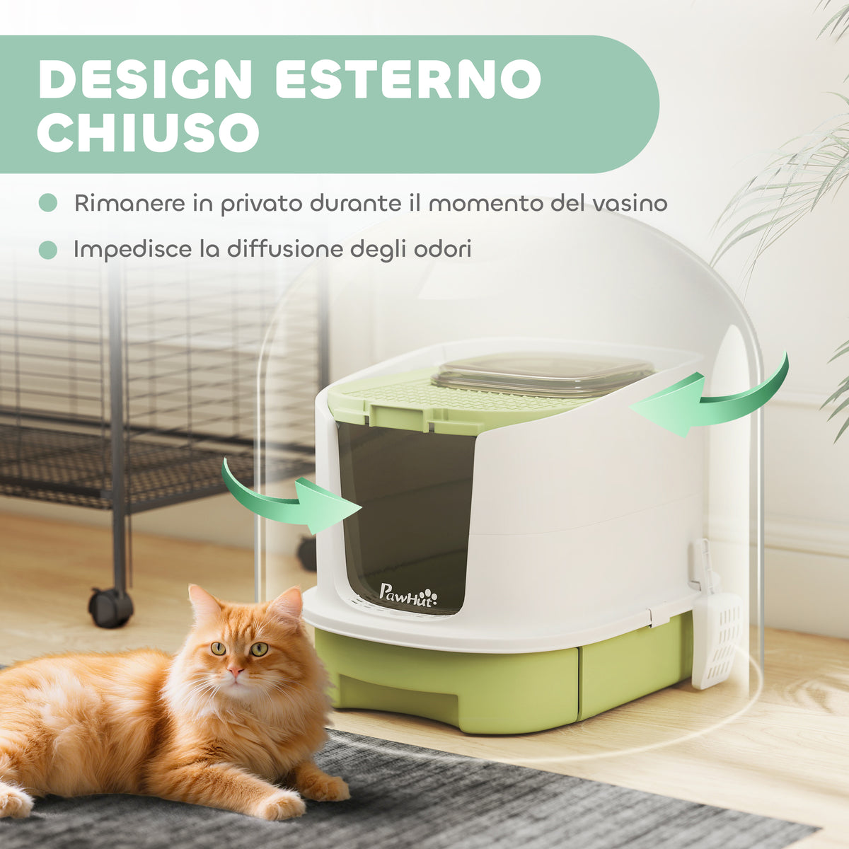 Lettiera per Gatti Chiusa con 2 Porte, Vassoio Estraibile, Paletta e Deodorante, in PP, 40.5x52.5x42.5 cm, Verde