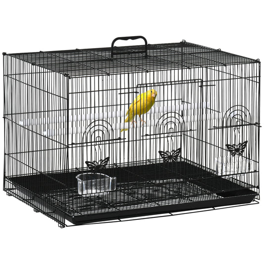 Gabbia per Uccelli con 2 Posatoi e 3 Ingressi in Filo Metallico e Plastica, 60x41x41 cm, Nero