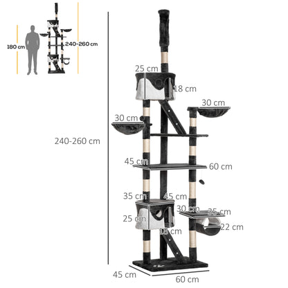 Tiragraffi per Gatti a Soffitto con Altezza Regolabile 240-260 cm, Albero Tiragraffi per Gatti Multilivello con Cucce, Amache e Scale, Corde in Sisal, Grigio Scuro e Bianco