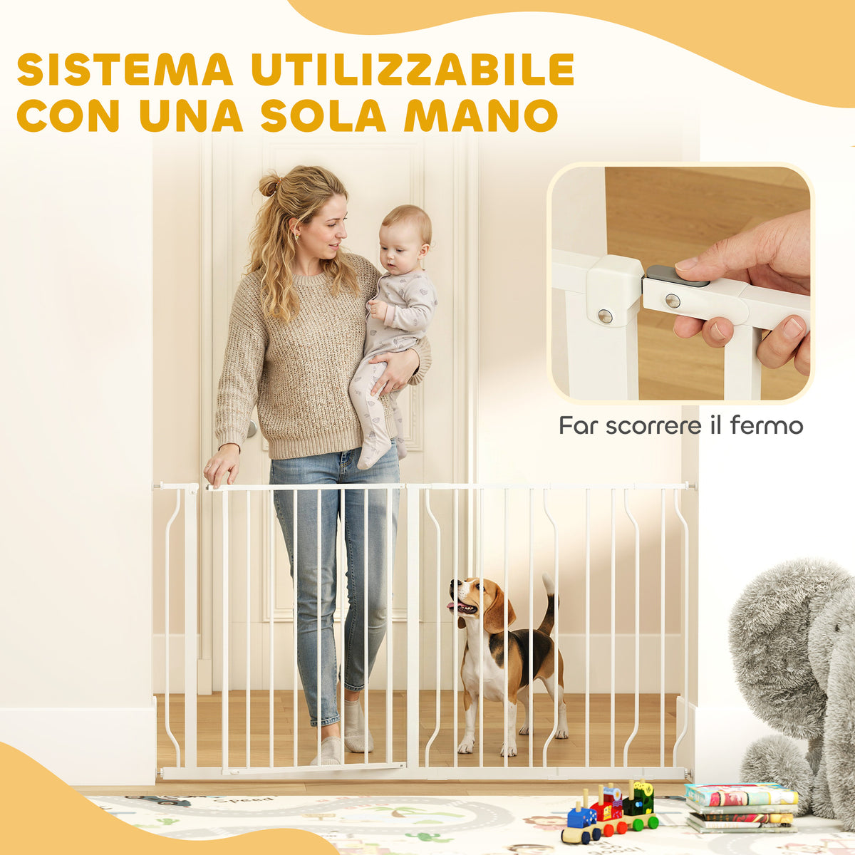Cancelletto di Sicurezza per Cani in Acciaio e ABS, Estensibile 75-145cm per Scale e Porte, Bianco