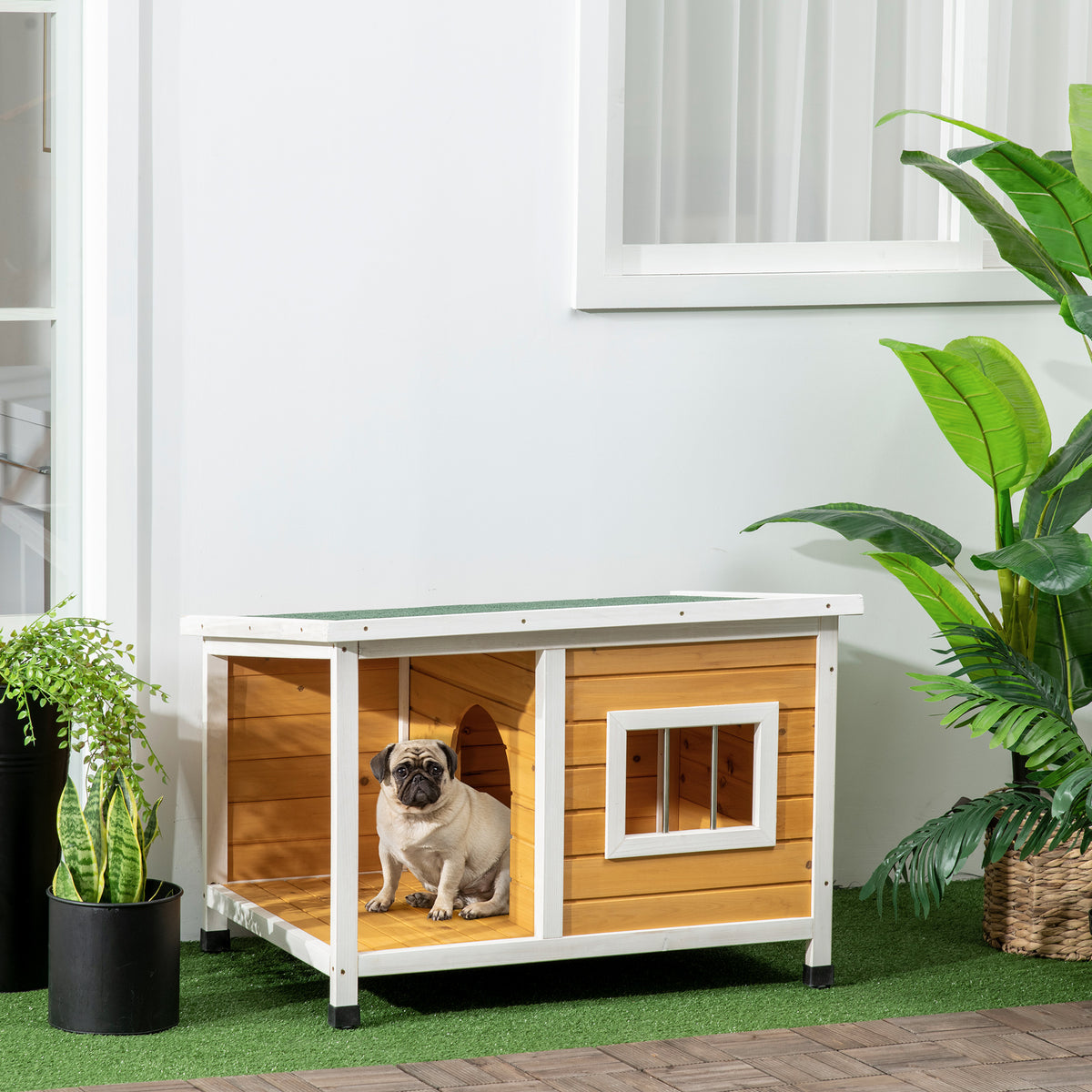 Cuccia per Cani da Esterno in Legno di Abete con Veranda Coperta e Tetto Inclinabile, 85.5x62x60 cm, Multicolore