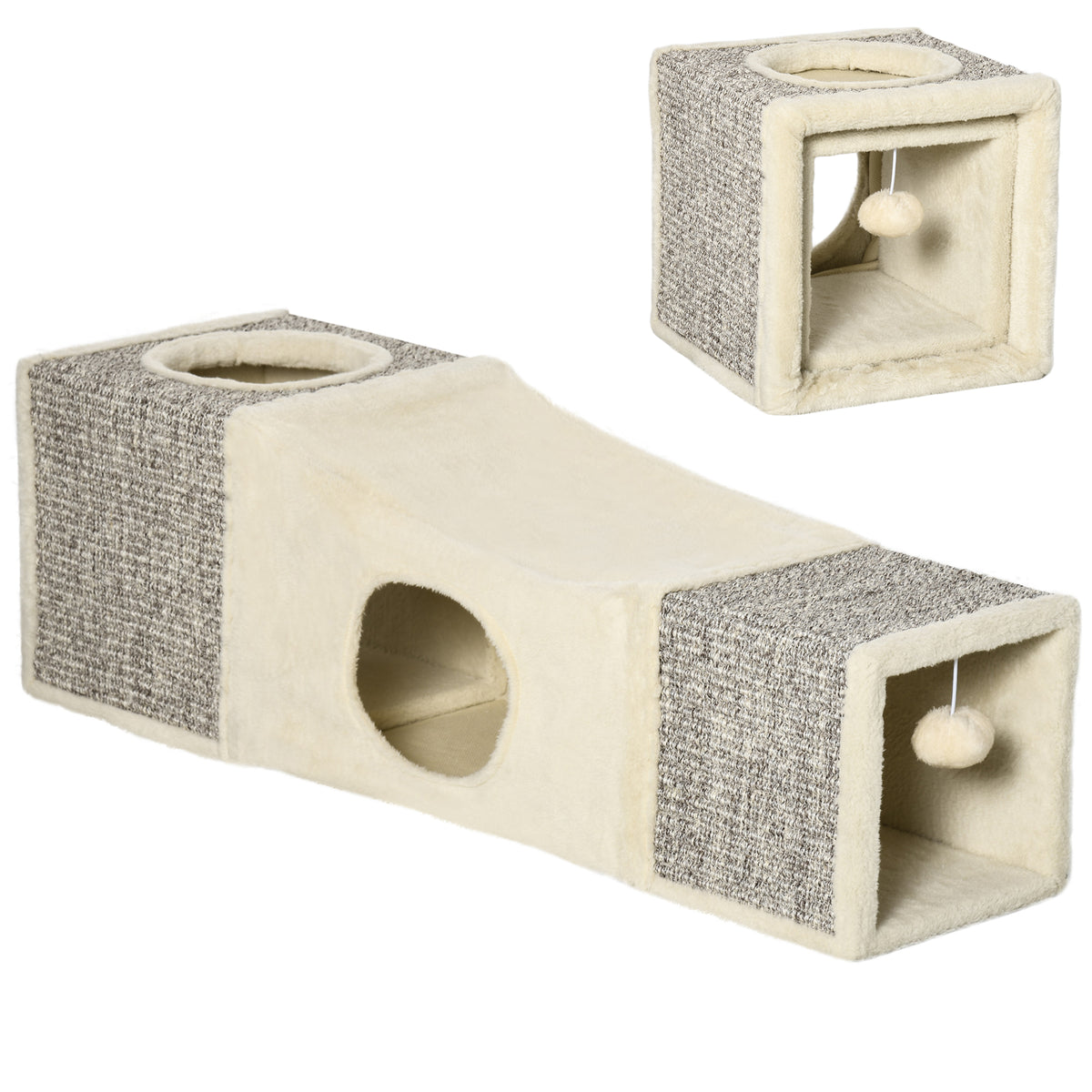 Tunnel per Gatti Pieghevole con Casette, Tiragraffi e Pallina in Peluche e Sisal, Crema